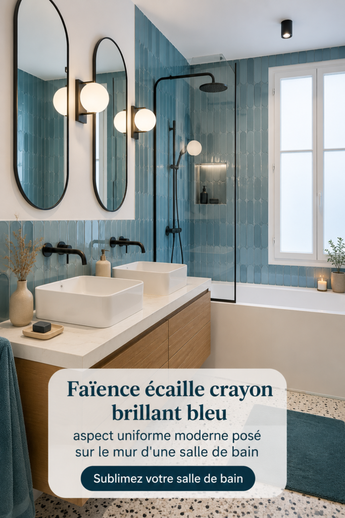Salle de bain moderne avec faïence écailles brillantes en bleu.