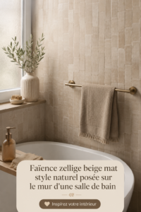 Salle de bain décorée avec de la faïence zellige beige mat, créant une ambiance naturelle.