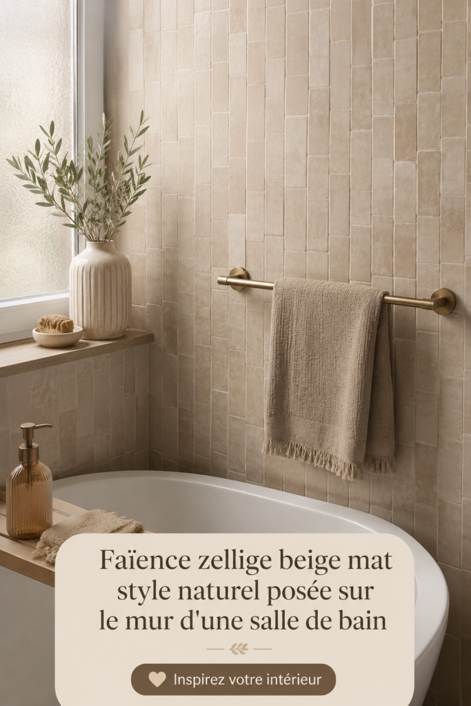 Salle de bain décorée avec de la faïence zellige beige mat, créant une ambiance naturelle.