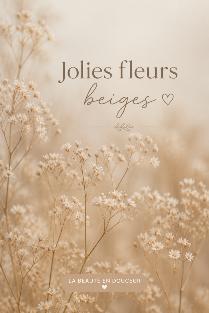 Bouquet de fleurs beiges sur une table en bois, apportant une ambiance douce et chaleureuse.