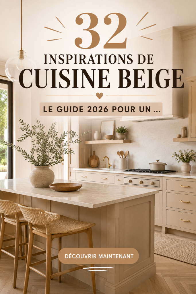 Cuisine beige moderne avec des éléments en bois et marbre