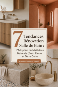 Salle de bain rénovée avec des matériaux naturels comme le bois et la pierre, décorée de plantes.
