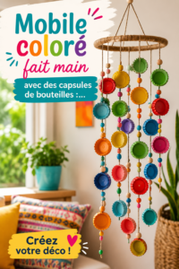 Mobile coloré fait main avec des capsules de bouteilles dans un intérieur lumineux