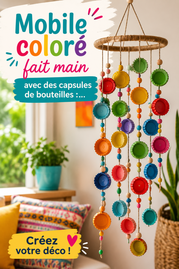 Mobile coloré fait main avec des capsules de bouteilles dans un intérieur lumineux