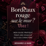 Un salon chaleureux avec des murs bordeaux et des meubles en bois, créant une ambiance élégante.