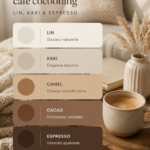 Palette de couleurs cosy combinant lin, kaki et espresso pour une décoration chaleureuse.