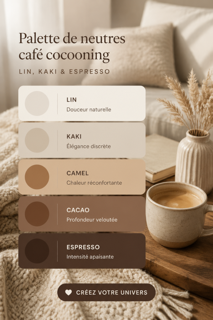 Palette de couleurs cosy combinant lin, kaki et espresso pour une décoration chaleureuse.