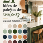 Une cuisine moderne avec une palette de couleurs tendance, alliant des teintes chaudes et neutres.