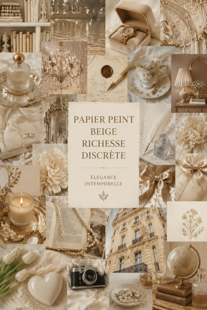 Un salon avec un élégant papier peint beige apportant chaleur et style