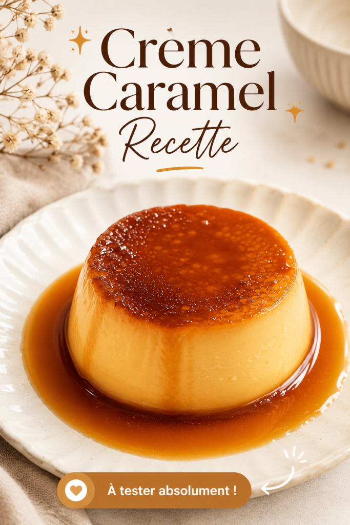 Un crème caramel fait-maison, joliment présenté dans un ramequin en porcelaine, garnie de caramel coulant.