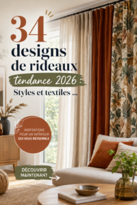 Collection de rideaux tendance 2026 avec différents motifs et couleurs.
