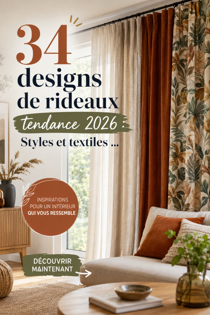 Collection de rideaux tendance 2026 avec différents motifs et couleurs.