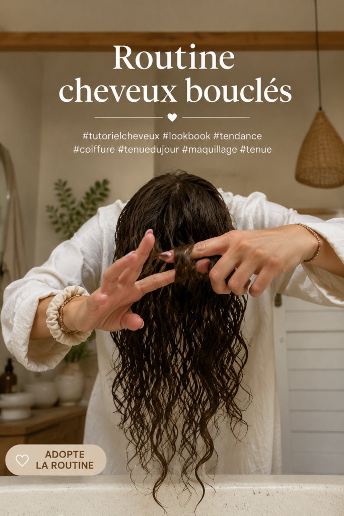 Femme aux cheveux bouclés prenant soin de ses cheveux avec un produit adapté.
