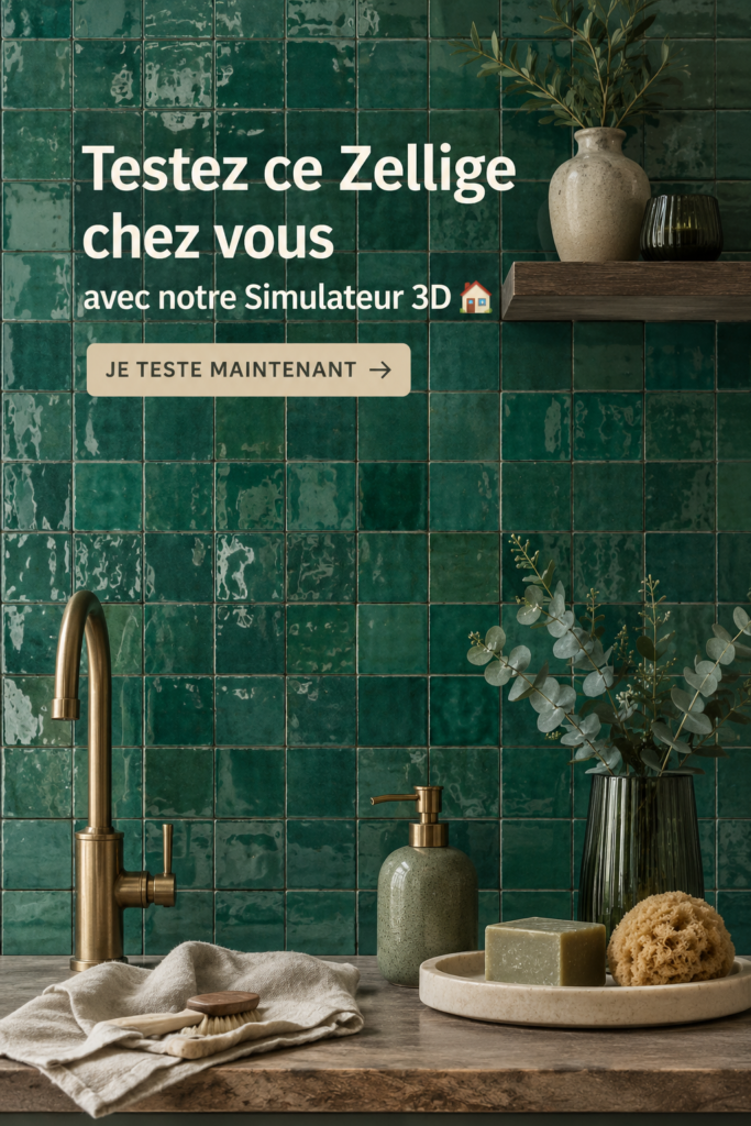 Un intérieur moderne avec des carreaux de Zellige colorés en arrière-plan.