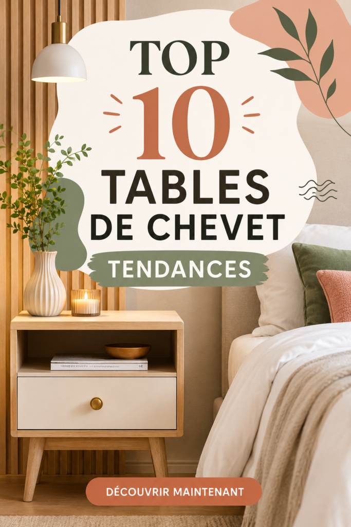 Une élégante table de chevet en bois avec des accessoires décoratifs modernes, intégrée dans une chambre chaleureuse.