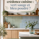 Une cuisine moderne avec des éléments en vert sauge et bleu poudré.