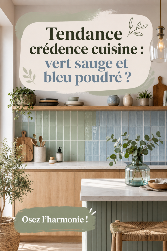 Une cuisine moderne avec des éléments en vert sauge et bleu poudré.