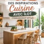 Une cuisine moderne avec un îlot chaleureux et accueillant, soulignant les matériaux tendances.