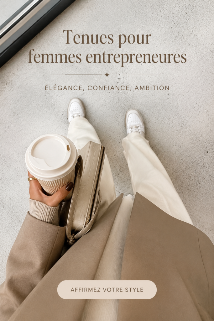 Femme entrepreneure en tenue professionnelle élégante sur un lieu de travail moderne.