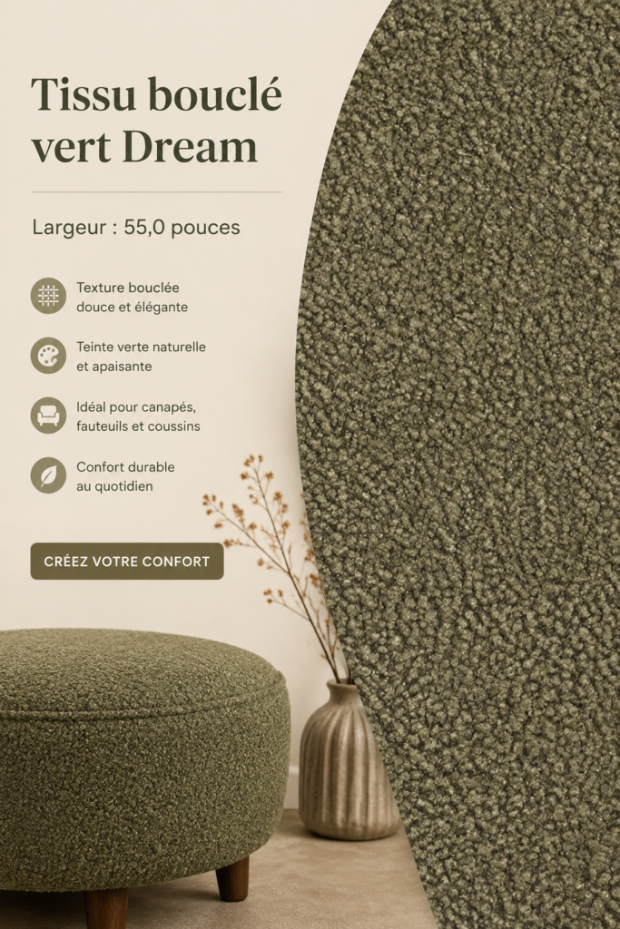 Tissu boucle Pollack en vert, idéal pour la décoration intérieure et les projets créatifs.