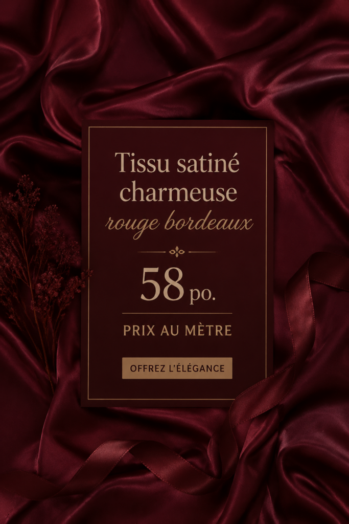 Tissu satiné charmeuse rouge bordeaux en rouleau sur fond blanc, mettant en avant sa texture lisse et brillante.