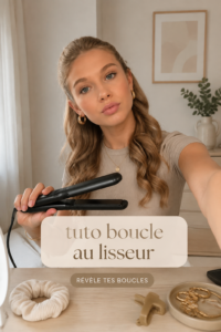 Femme avec de belles boucles créées au lisseur
