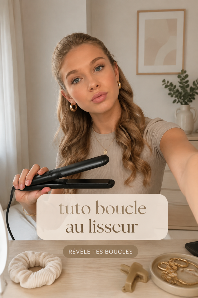 Femme avec de belles boucles créées au lisseur