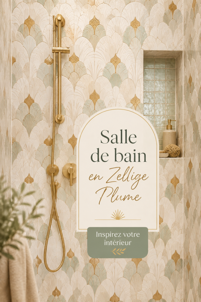 Salle de bain moderne avec des carreaux en Zellige Plume, mettant en avant des couleurs naturelles et chaudes.