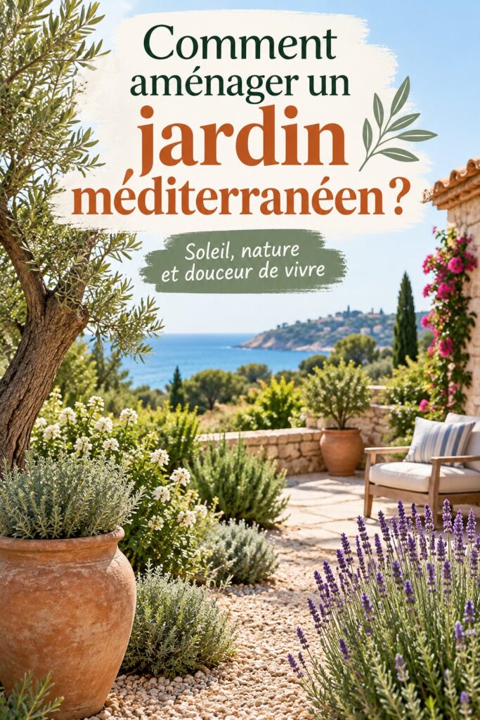 Un jardin méditerranéen vibrant avec des plantes et des matériaux naturels