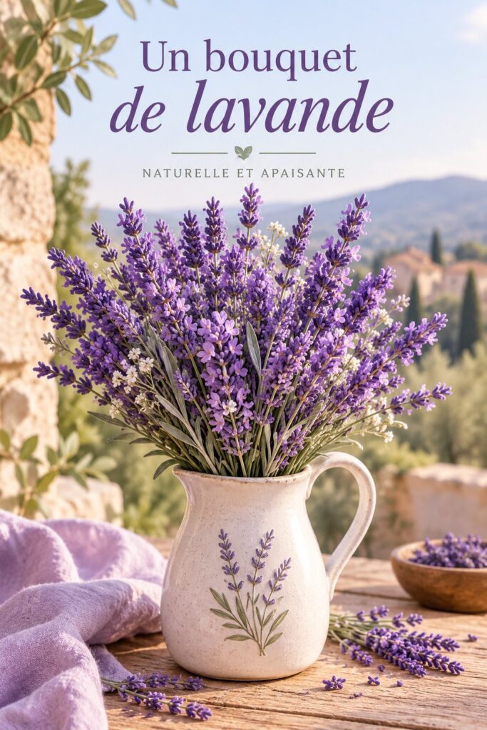 Un bouquet de lavande élégant posé sur une table en bois, apportant une touche de douceur