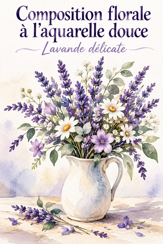 Composition aquarelle délicate de fleurs de lavande, mettant en avant des teintes douces et apaisantes.