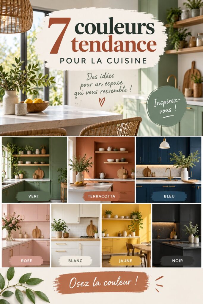 Cuisine moderne avec des couleurs tendances comme le bleu et le vert