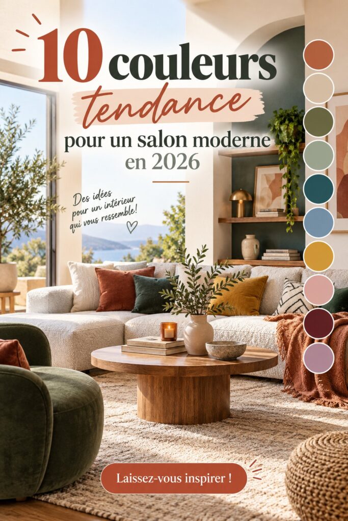 Un salon moderne avec des couleurs tendance de 2026, mettant en avant des nuances chaleureuses et accueillantes.