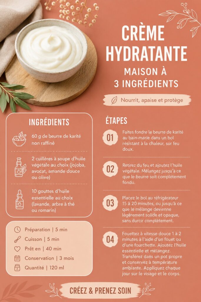 Crème hydratante maison à 3 ingrédients en pot sur une table en bois