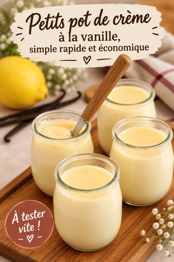 Pots de crème à la vanille crémeux et onctueux sur une table en bois.