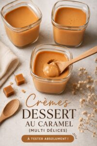 Plat de crèmes dessert au caramel réalisées à la Multi Délices, présentées dans des ramequins élégants.