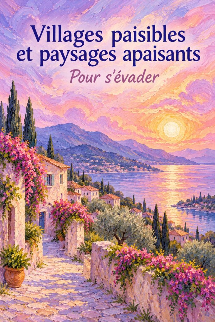 Un intérieur apaisant aux teintes lavande, évoquant un village tranquille.