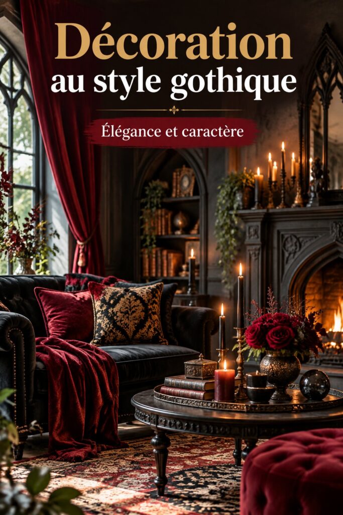 Intérieur décoré dans un style gothique avec des couleurs sombres et des matériaux élégants.