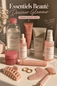 Maquillage soft glam sur une femme avec une peau éclatante et des couleurs douces.