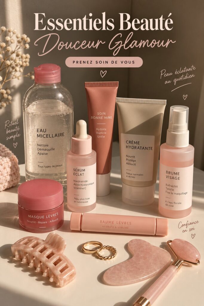 Maquillage soft glam sur une femme avec une peau éclatante et des couleurs douces.