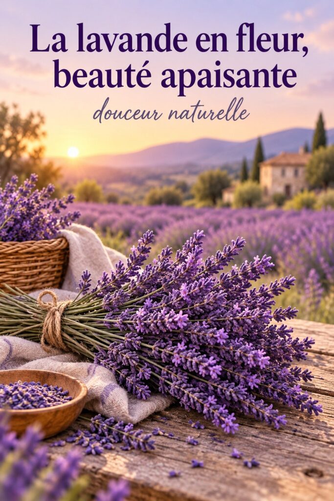 Bouquet de fleurs de lavande dans un vase sur une table en bois, créant une ambiance apaisante.