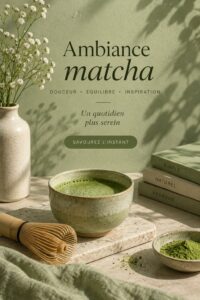 Un fond décoratif respirant les teintes matcha, créant une atmosphère sereine.