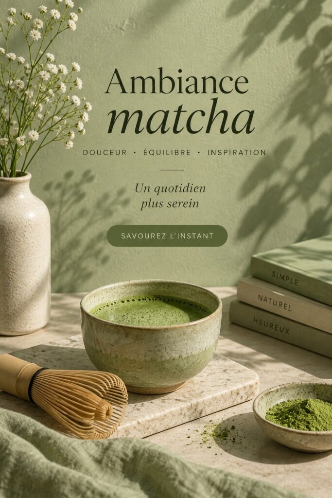 Un fond décoratif respirant les teintes matcha, créant une atmosphère sereine.