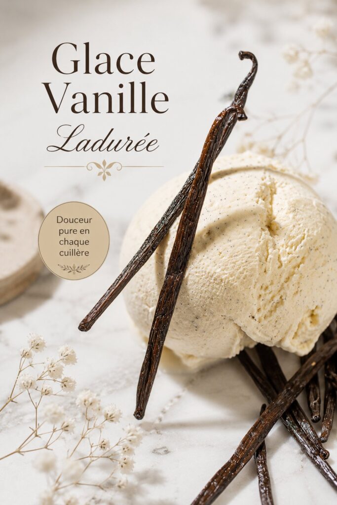 Un pot de glace vanille Ladurée avec une cuillère à côté, sur une table élégante.