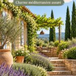 Jardin provençal avec lavande et mobilier en bois