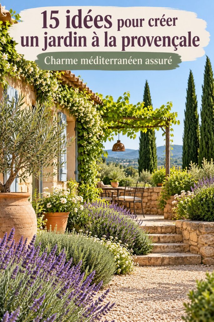 Jardin provençal avec lavande et mobilier en bois