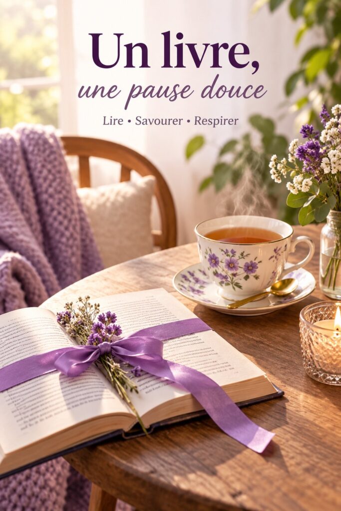 Un livre ouvert avec un ruban violet sur une table près d'une élégante tasse à thé, ajoutant une touche de style à l'intérieur.