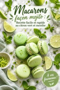 Macarons mojito garnis de crème au citron vert et menthe, présentés sur une assiette.