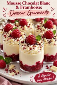 Mousse chocolat blanc et framboise dans un joli dessert