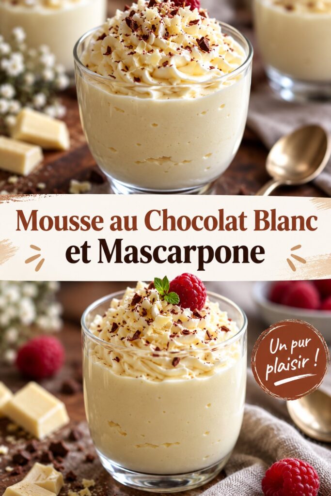 Mousse au chocolat blanc et mascarpone servie dans des coupes élégantes avec des framboises.